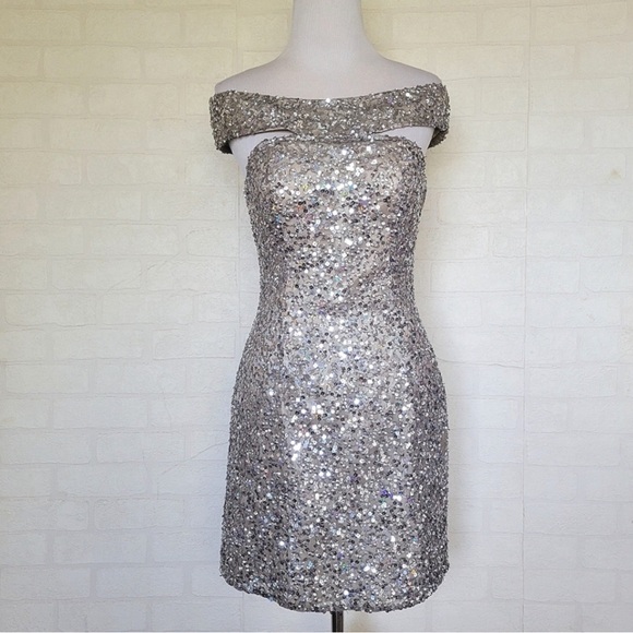 Scala Off the Shoulder Sequin Silver Silk Dress - Picture 2 of 12